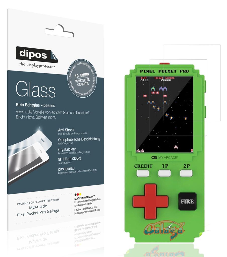 2x Schutzfolie für MyArcade Pixel Pocket Pro Galaga - Anti-Shock 9H Folie dipos Glass Kunststoffglas
