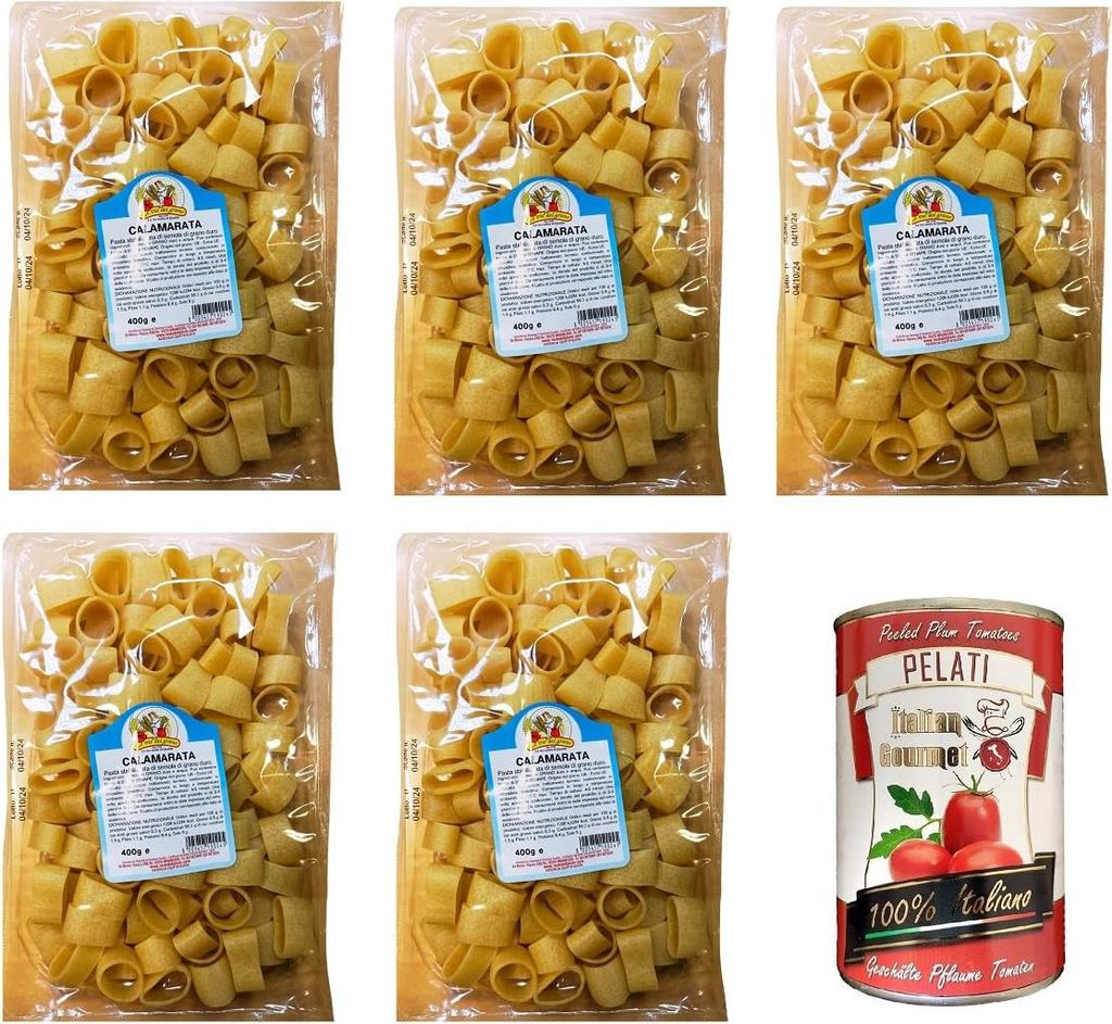 Le Vie del Grano- CALAMARATA Mit Hartweizengrieß stabilisierte Nudeln 5x 400gr + Italian Gourmet pelati 400g