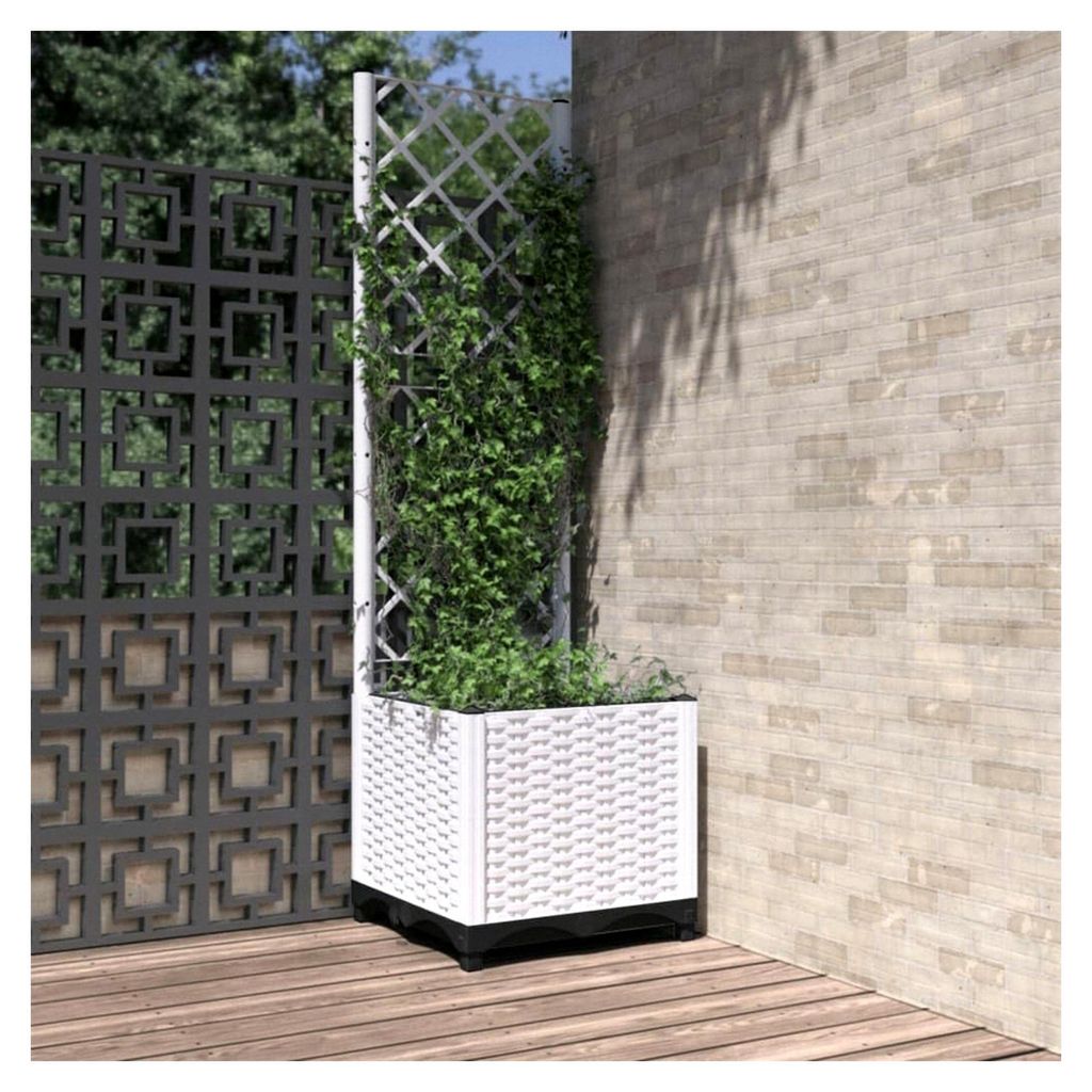 Blumenkasten mit Gitter, weiß, 40 x 40 x 136 cm, Polypropylen, Hochbeet, Pflanzschale für Blumen und Sukkulenten, Terrasse und Balkon