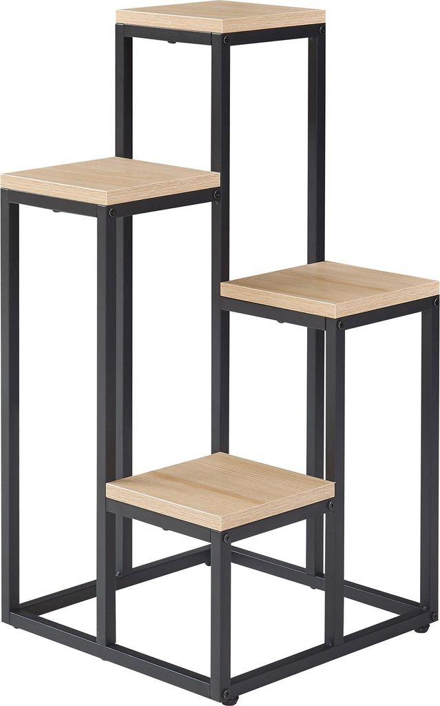 A four-tiered plant stand with a black metal frame and light wood shelves, presented on a white background.