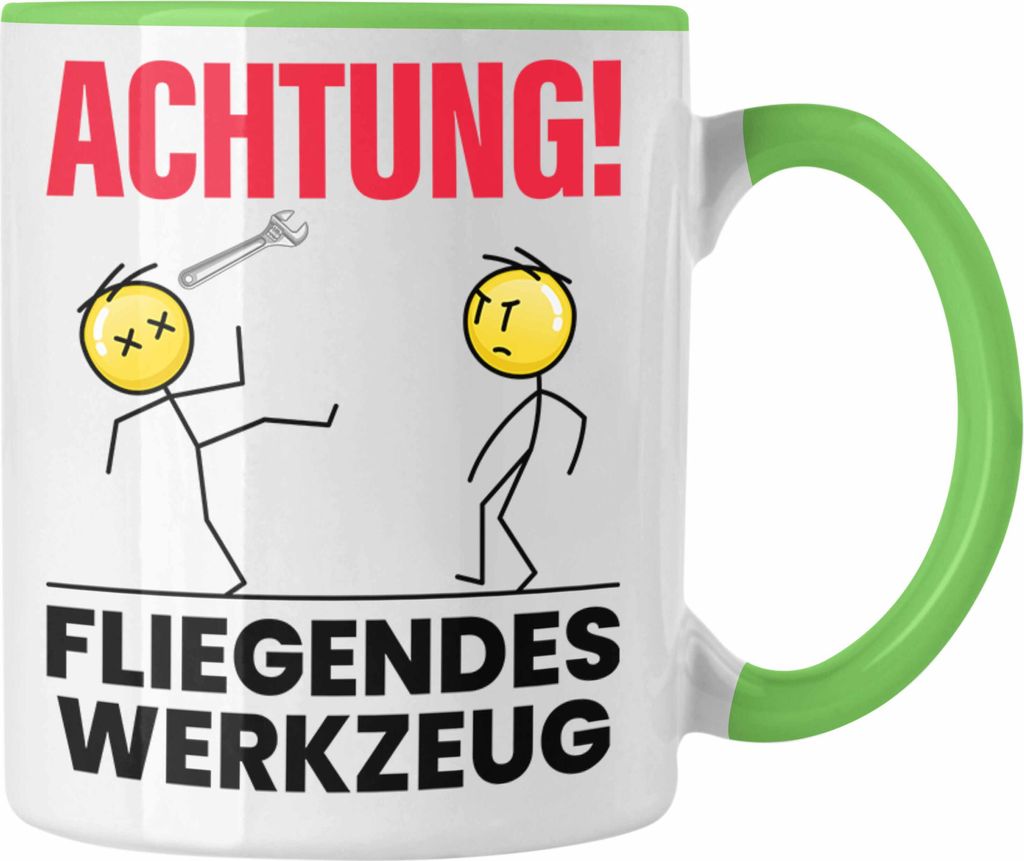 Trendation - Achtung Fliegendes Werkzeug Tasse Geschenk KFZ Mechaniker Mechatroniker Geschenkidee für Männer Handwerker (Grün)