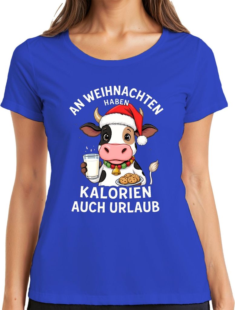Weihnachten Kalorien Urlaub Kuh Milch Plätzchen Lustig Geschenk Damen T-Shirt, Blau, S