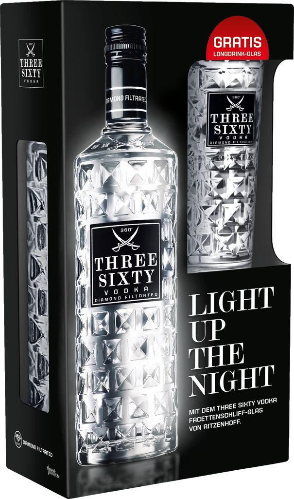 Three Sixty Vodka mit Gratis Longdrinkglas 37,5%  - 0,7 l Produktbild 