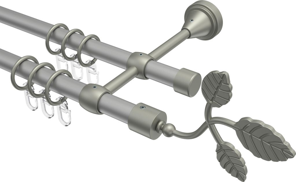 Interdeco Gardinenstange / Vorhangstange Silbergrau / Chrom matt, Typ Primus Alessia (Blatt), 16 mm Ø 2-läufig, 120 cm