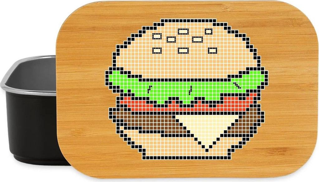 Spreadshirt Pixel Art Cheeseburger Design Brotdose mit Bambusdeckel, One size, Schwarz
