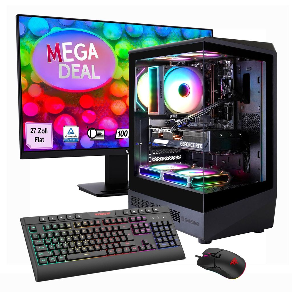 GAMEMAX Gaming-PC VISTA COC AB Komplett SET Ryzen 5 7500F 32GB DDR5 1TB SSD RTX 5060Ti + MSI PRO MP273A LED-Monitor, 69cm (27"), Maus, Tastatur
