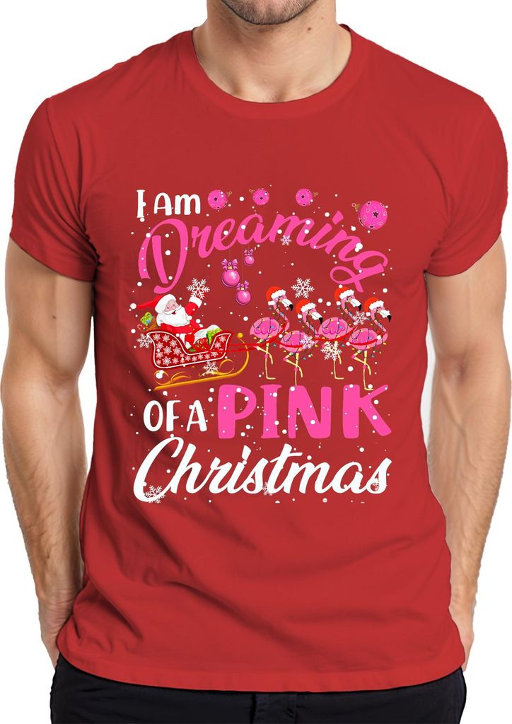 I am Dreaming of a Pink Christmas Flamingo Santa Sleigh Holiday Herren T-Shirt, Rot, XXL