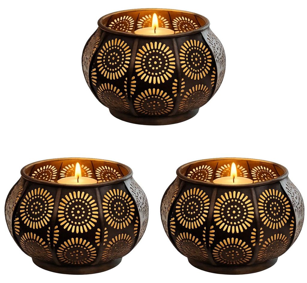 Marrakesch Skandinavische Deko Teelichthalter rund aus Metall 12cm groß schwarz gold | Windlicht Sabah als Frühling Wohnzimmer Tisch Deko | Moder...