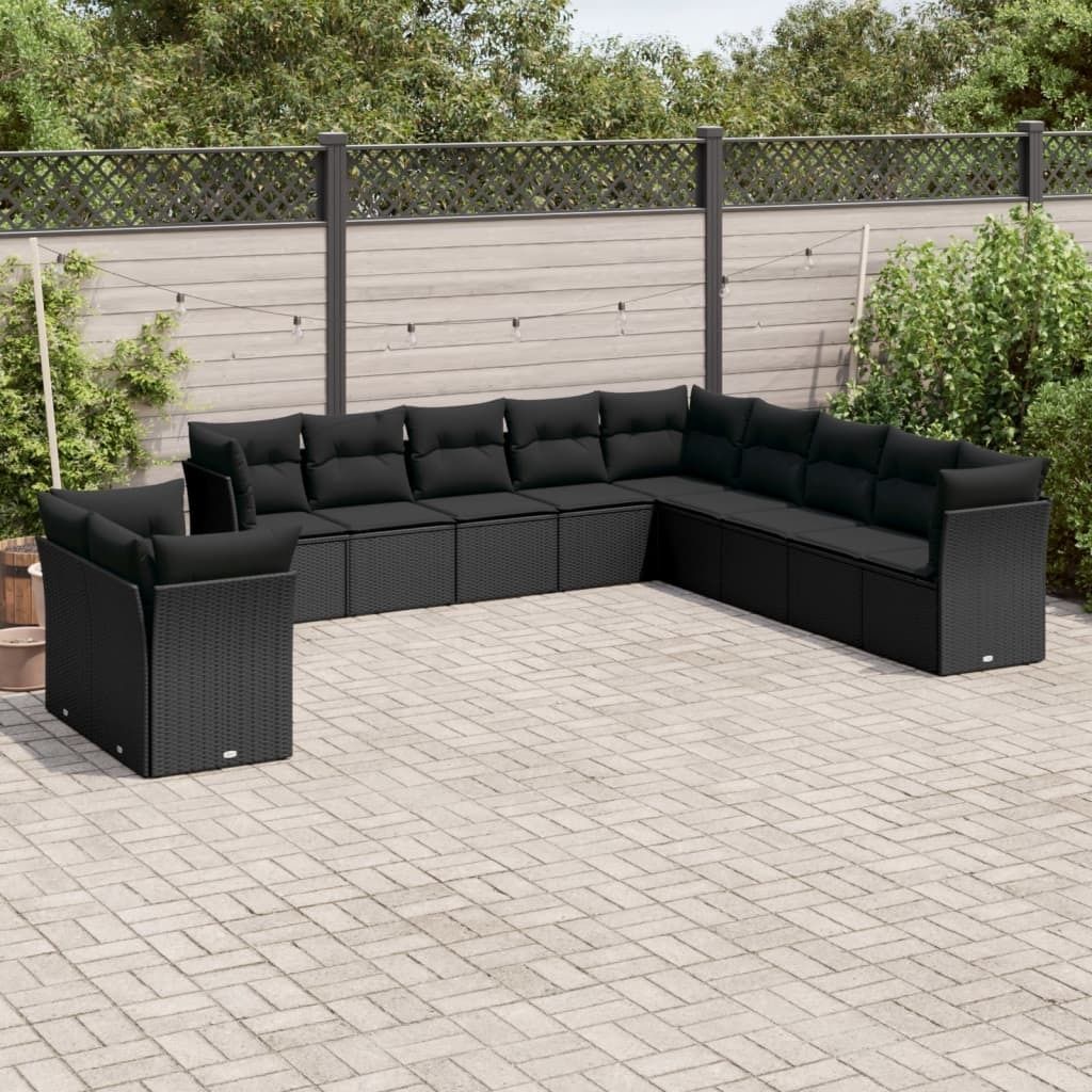11-tlg. Garten-Sofagarnitur mit Kissen Schwarz Poly Rattan, Sitzgruppe 3217875