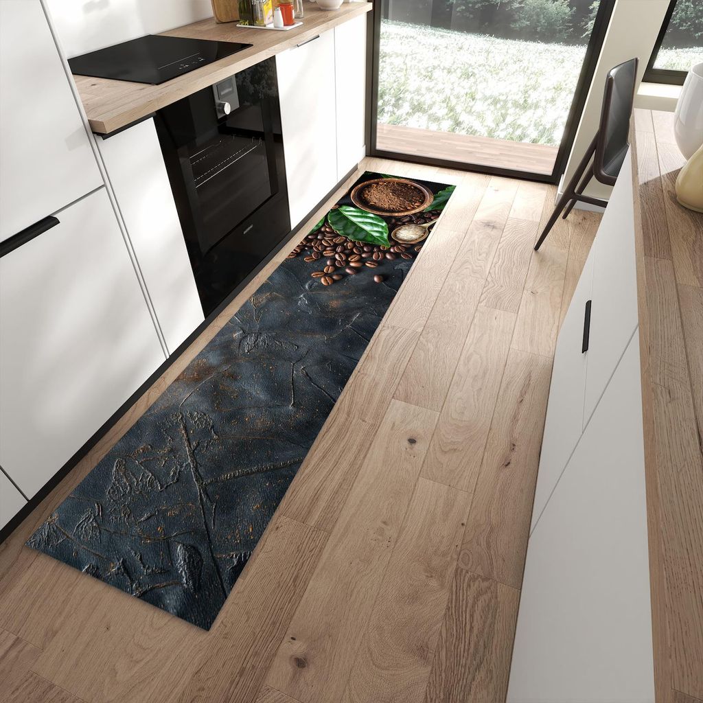 Küchenteppich 60x270cm rutschfest & abwischbar PVC Läufer - Kaffeebohnen Und Blaetter