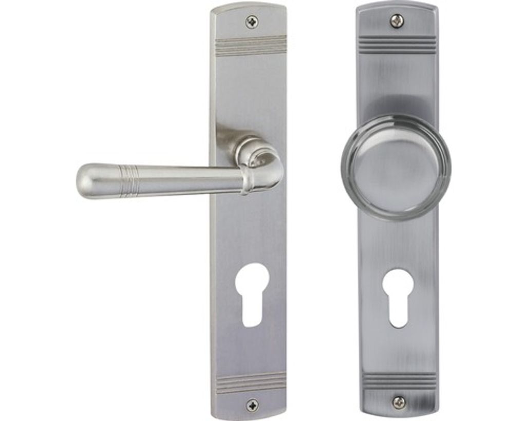 Langschildgarnitur für Wohnungseingangstüren mit Profilzylinderlochung DIN links, Knopf/Drücker