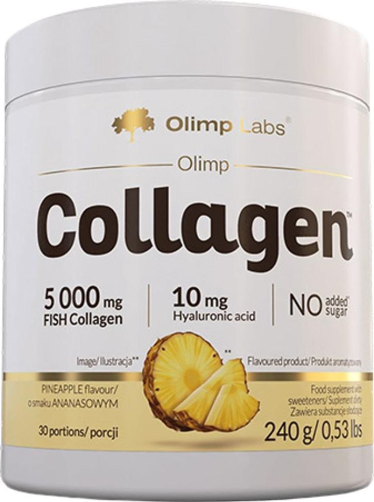 A product shot of a container of Olimp Collagen powder with pineapple flavor.