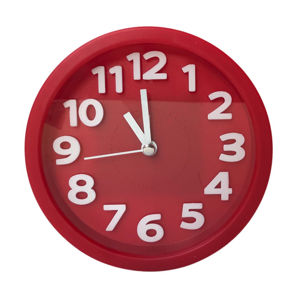 A red analog alarm clock with white numbers and hands, set against a white background.