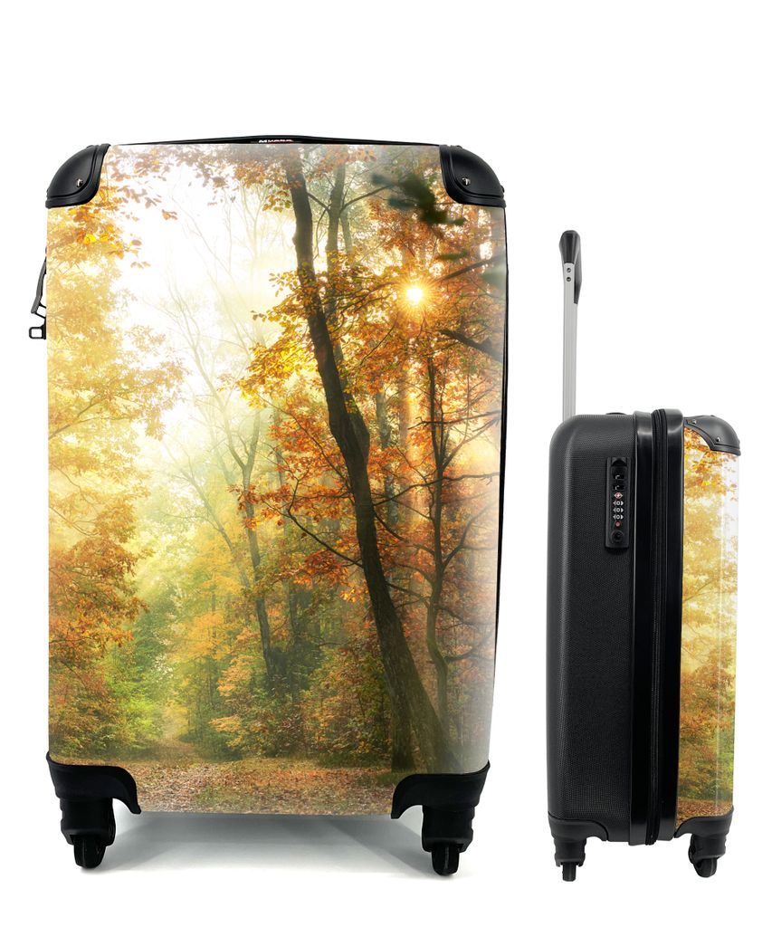 MuchoWow Koffer Handgepäck Trolley Rollkoffer Kleine Reisekoffer mit 4 Rollen - Wald - Herbst - Sonne - Landschaft - Natur - Bäume - Laub - Cab...