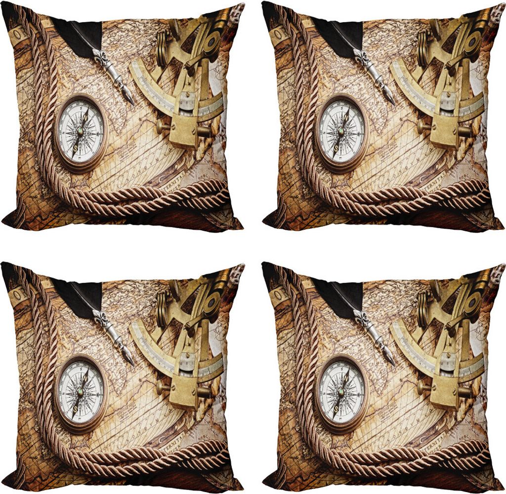 ABAKUHAUS Kompass Kissenbezug Set (4 Stück), Voyage Thema Lifestyle, Moderner Doppelseitiger Digitaldruck, 60 cm x 60 cm, Sahne