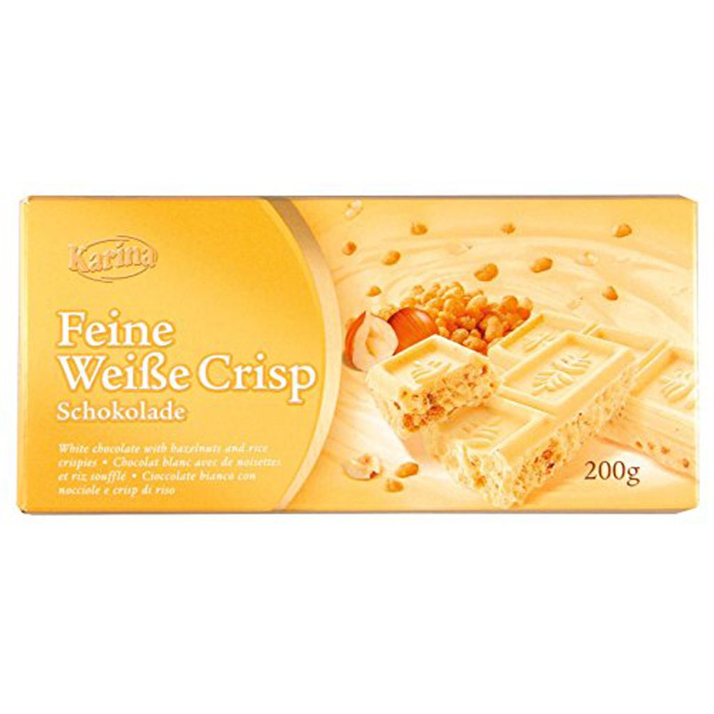 A product package for Karina Feine Weiße Crisp Schokolade.