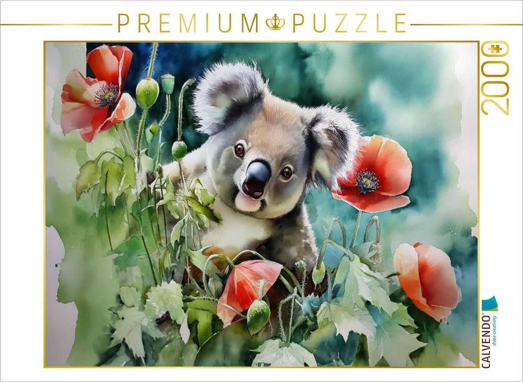 CALVENDO Puzzle Koala mit Klatschmohn | 2000 Teile Lege-Größe 90x67cm Foto-Puzzle für glückliche Stunden