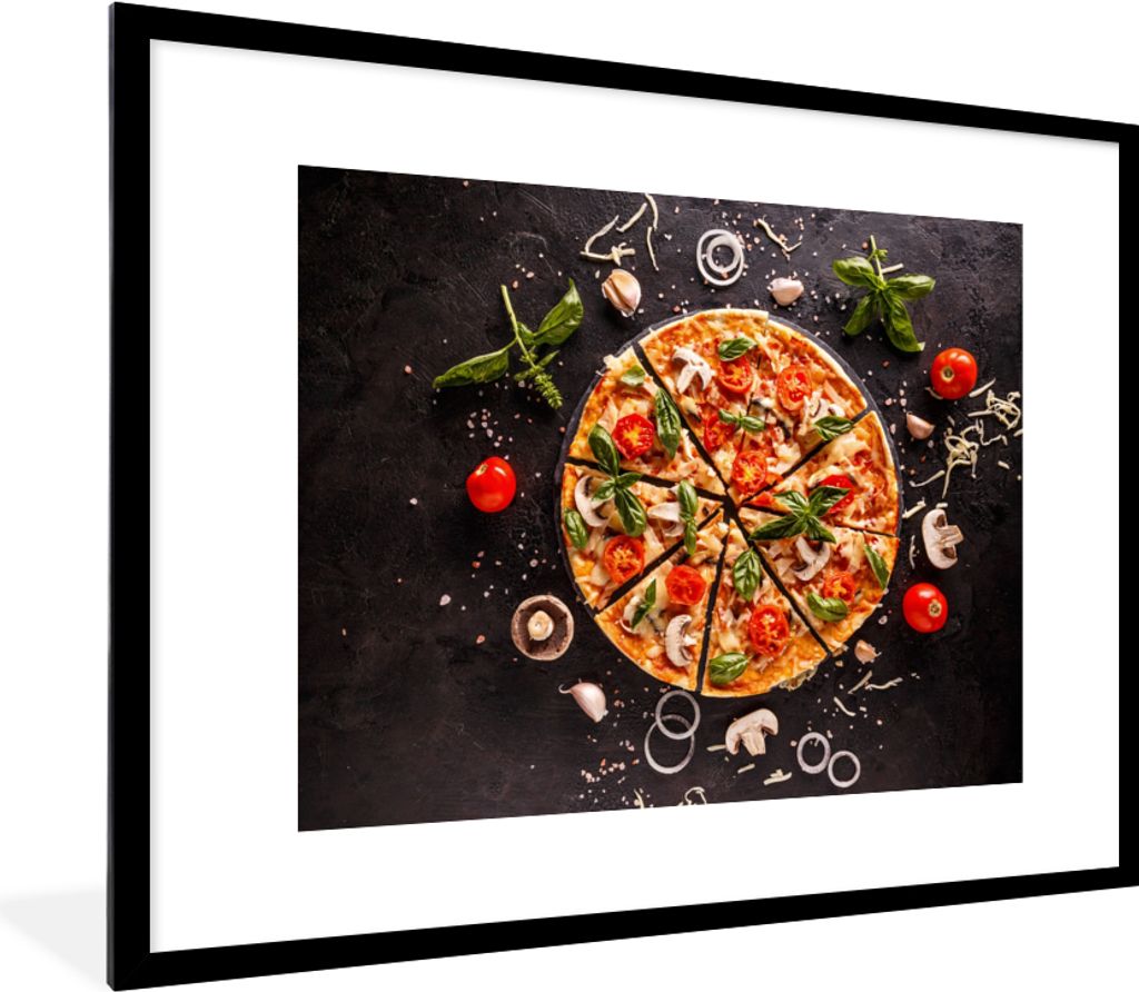 MuchoWow Gerahmtes Poster Pizza - Gemüse - Kräuter - Küche - Industrie 80x60 cm - Poster mit Schwarzem Bilderrahmen Wandposter Rahmen Foto Bil...
