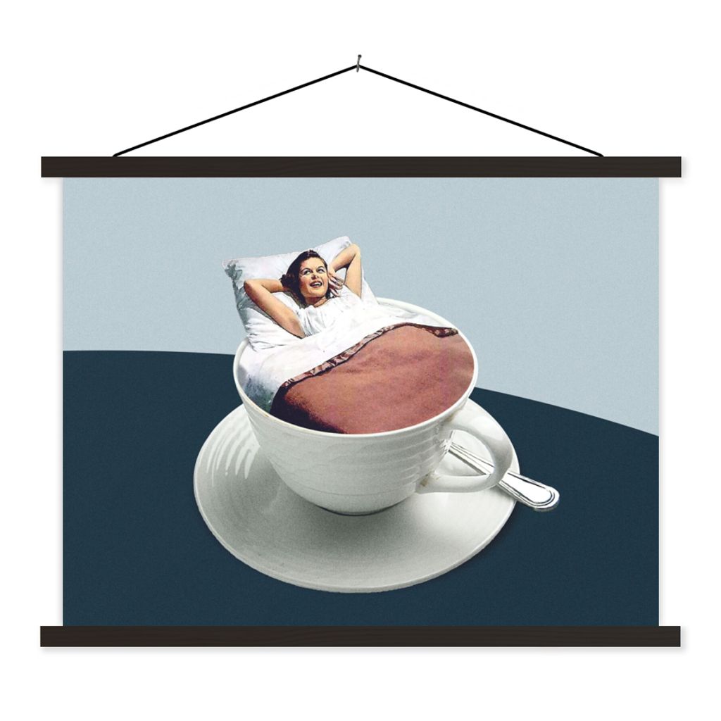 MuchoWow Textilposter Frau - Kaffee - Jahrgang 150x113 cm mit holzfarbenen Rahmen - Poster
