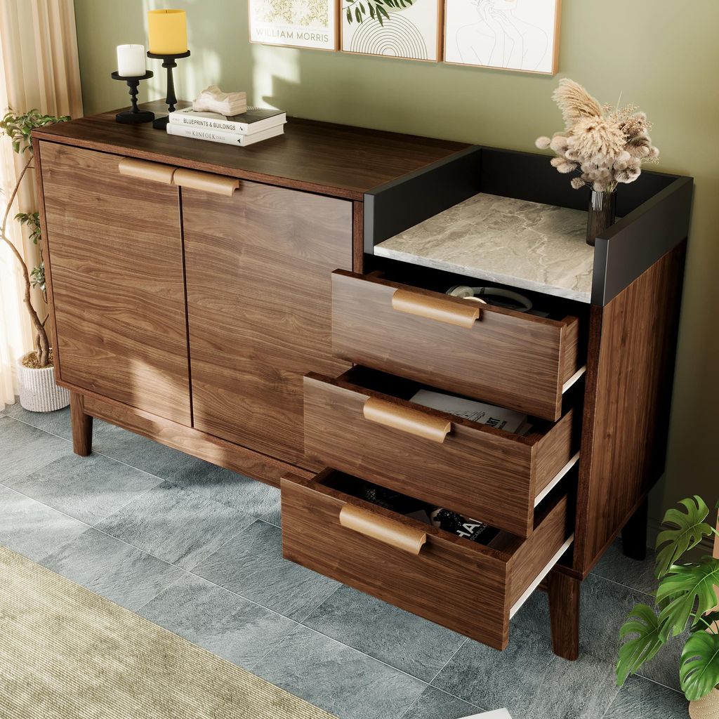 okwish Kommode mit Doppeltürschrank (innen höhenverstellbar),Sideboard mit Marmor-Optik Platte,Schrank Beistellschrank mit 3 Schubladen und Offen...