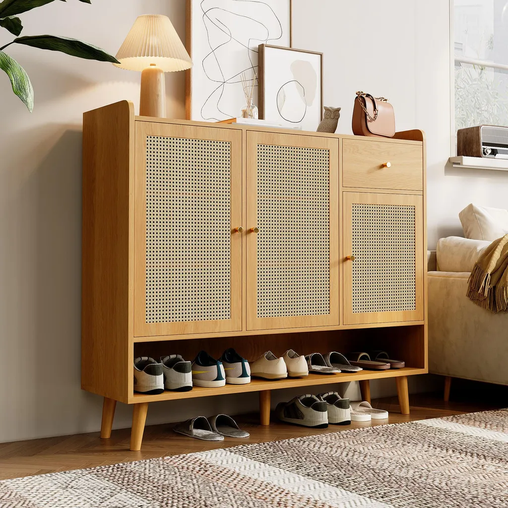 MODFU Meuble à Chaussures Entrée Naturel avec 3 Portes et 1 Tiroir