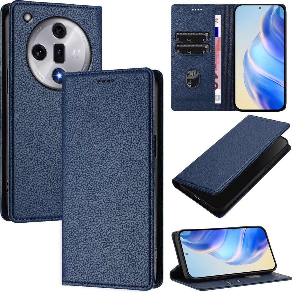 Litchi Leder Handyhülle für Oppo Find X7 Wallet Kartenfächer Standfunktion Hülle Blau