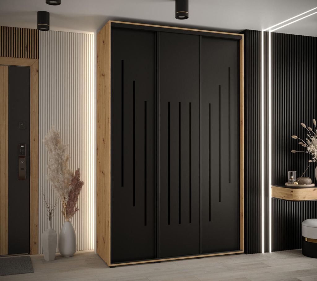 Kleiderschrank YVONA 8 - 150/45 cm, Eiche handwerklich / schwarz / schwarz