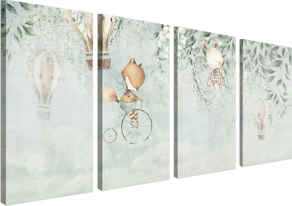Wandbild Wanddeko Fuchs auf Leinwand - ökologische Tinte, Wasserfest - 4 Teilig 80x160 cm Leinwandbilder für wohnzimmer, schlafzimmer