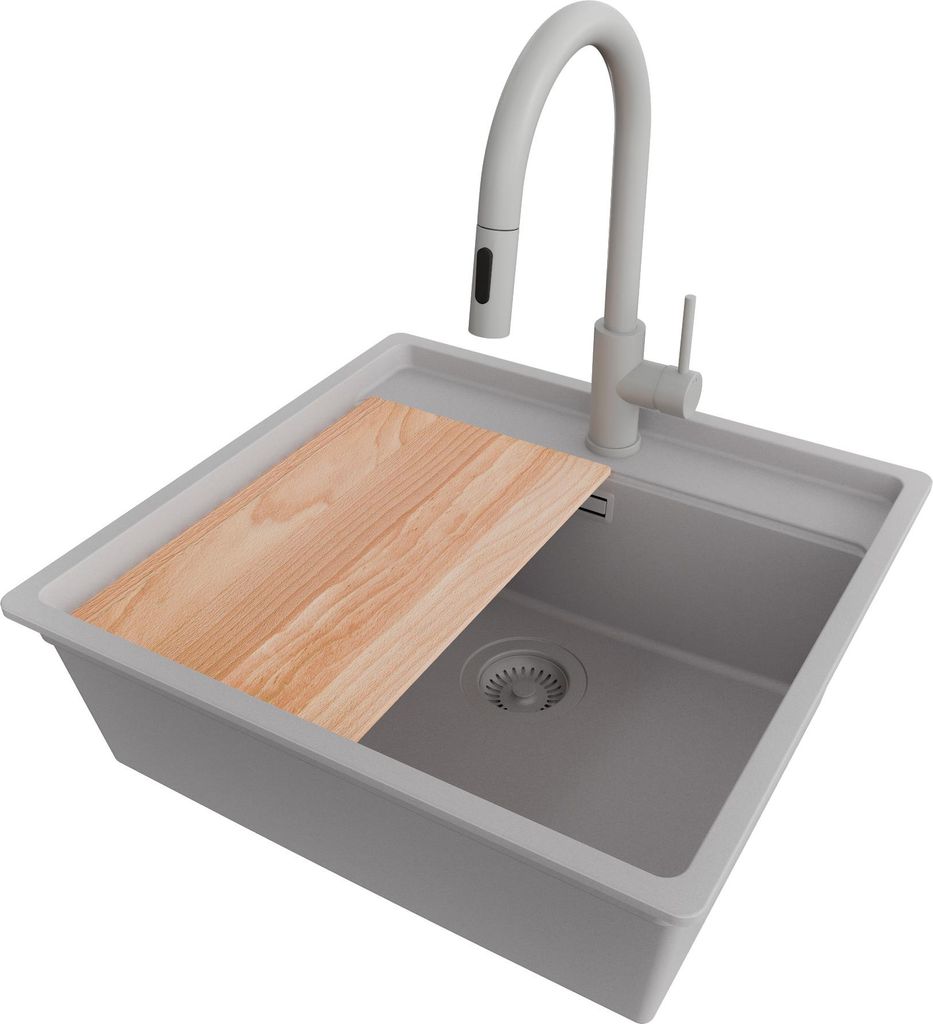 PRIMAGRAN Granitspüle Grau 56x53cm, Spülbecken 1 Becken + Küchenarmatur 40x20cm + Ablauf-Set + Schneidebrett, Küchenspüle ab 60er Unterschrank...