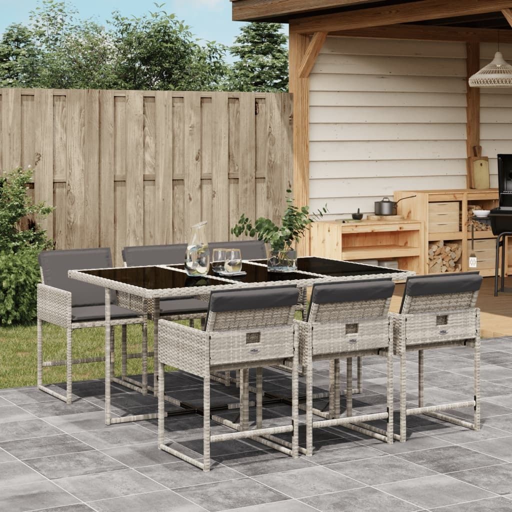 Design 7-tlg. Garten-Essgruppe mit Kissen Hellgrau Poly Rattan, Gartenmöbel-Sets 2024 Neu