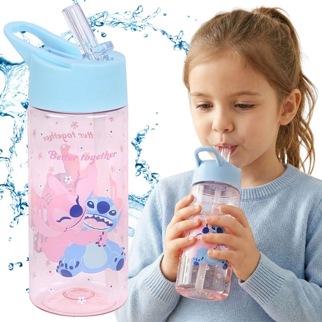 Disney Stitch & Angel Trinkflasche mit Trinkverschluss und Griff, transparent, mit Strohhalm für Mädchen, 420 ml