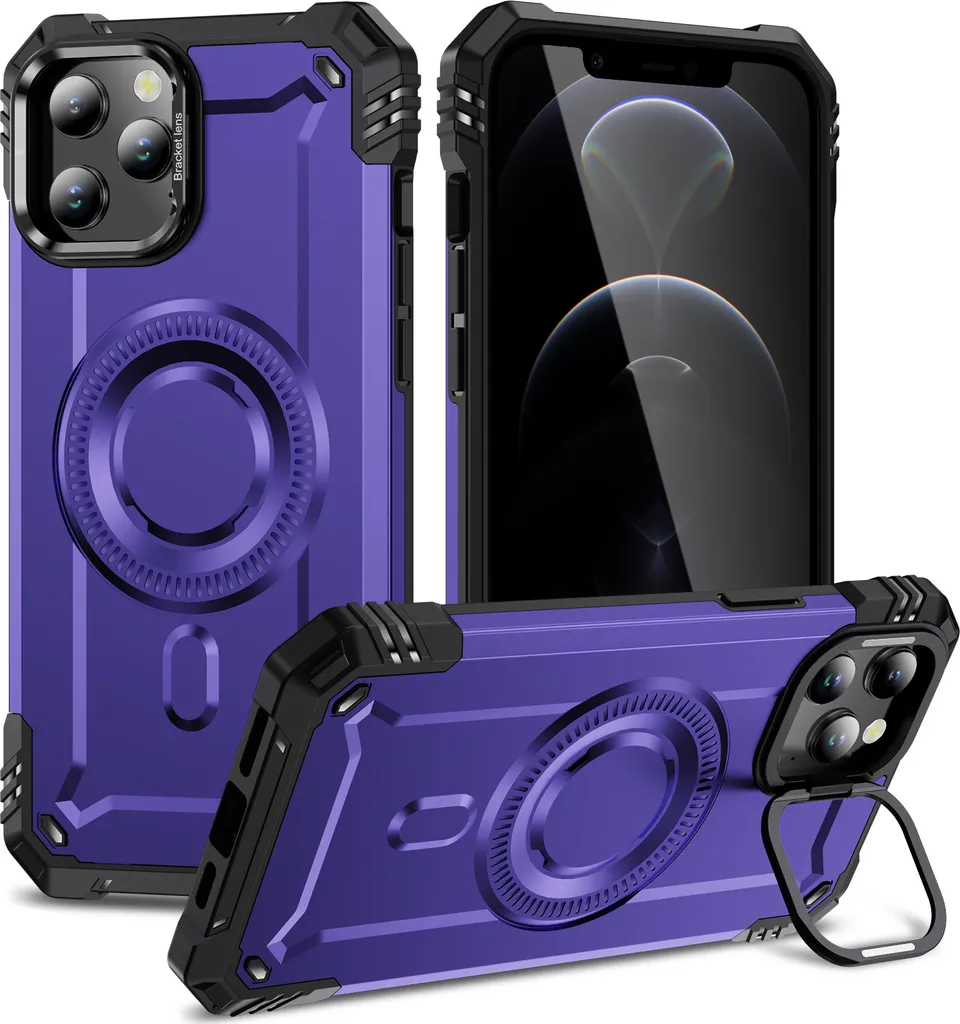 Custodia magnetica per iPhone 12 Pro Max, robusta custodia protettiva militare con supporto ad anello per fotocamera Viola