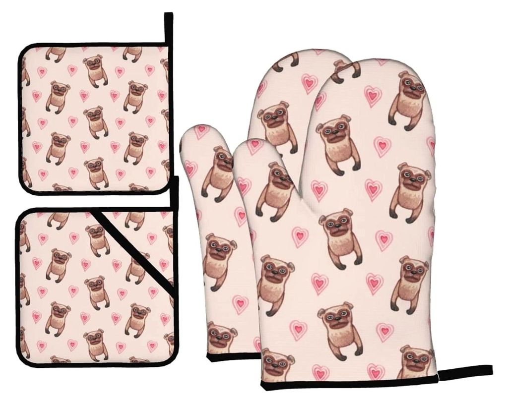 Ofenhandschuhe und Topflappen mit Mops-Muster, hitzebeständig, für die Küche, 4 Stück