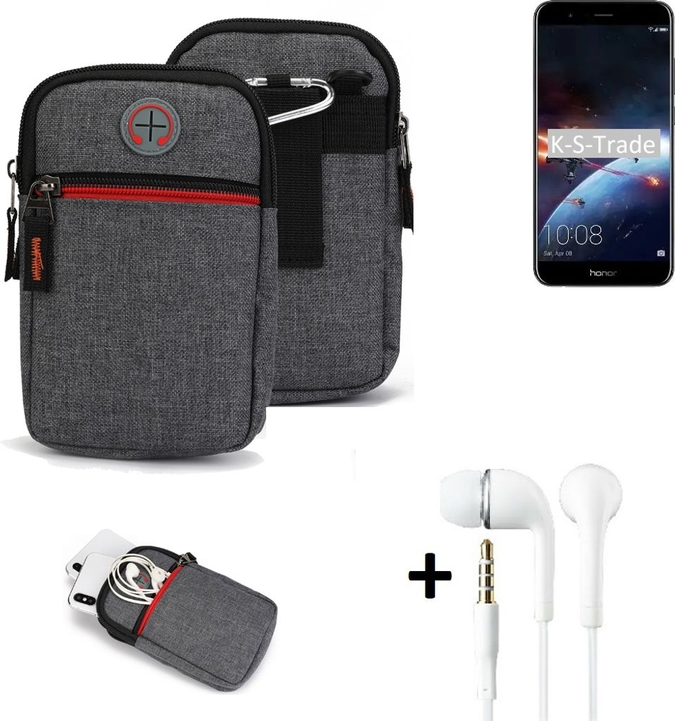 K-S-Trade Gürtel Tasche + Kopfhörer kompatibel mit Huawei Honor 8 Pro Handy Tasche Holster Schutz Hülle Handy Hülle grau Zusatzfächer 1x
