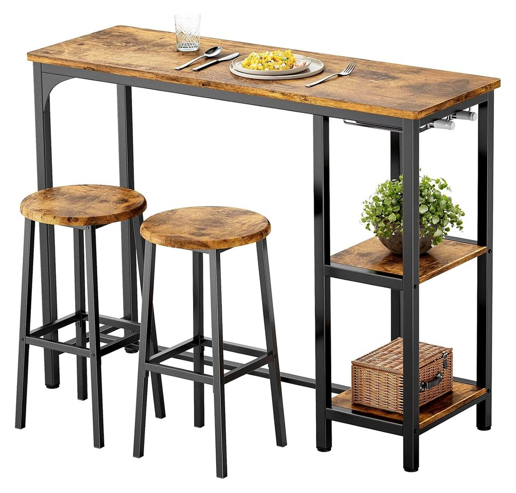 Bartisch mit Barhocker-Set für 2 Personen, Kneipentisch-Set mit 2 Ablagen und Glashalter, Küchen-Bartisch-Set für Küche, Wohnzimmer, Esszimmer
