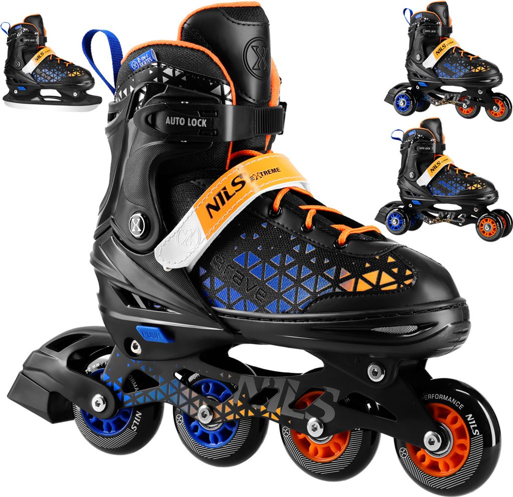 A set of inline skates and hockey skates, with multiple views shown.