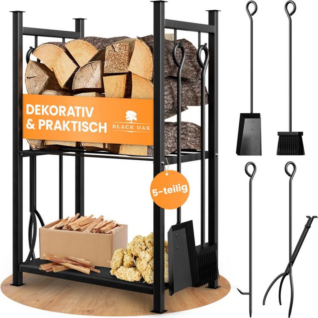 BLACK OAK Kaminholzständer ANTERO – Kaminholzregal mit Kaminbesteck, schwarz