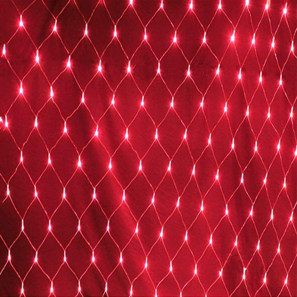 A close-up of a red net light curtain with many small white lights.