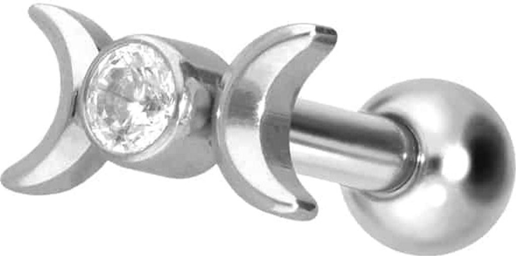 Ohrpiercing Titan Ohrpiercing mit Innengewinde 2 MONDE + KRISTALL Silber Stablänge: 6mm