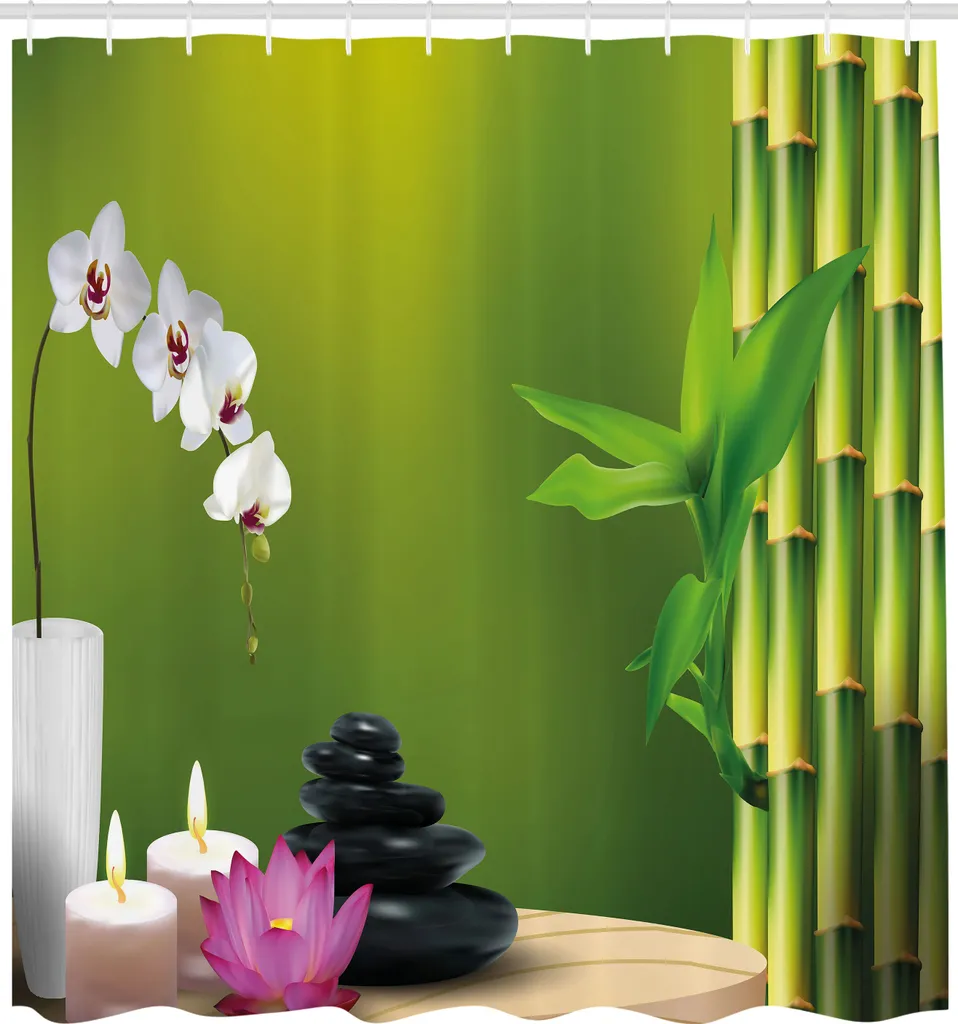 Grand rideau de douche textile décor Zen avec fleurs et galets 175x240cm