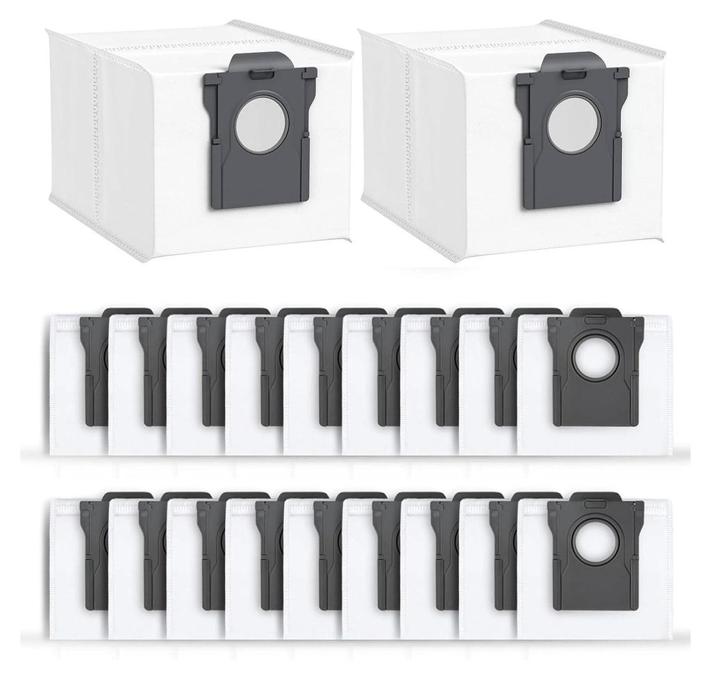 A product shot of multiple vacuum cleaner dust bags arranged in rows against a white background.