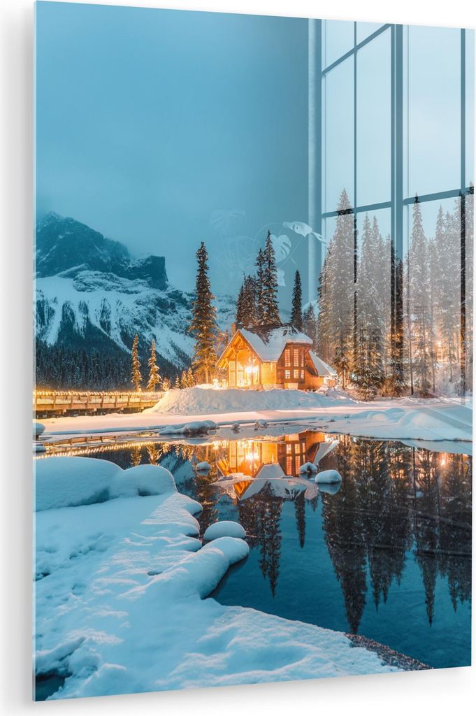 MuchoWow Glasbilder - Bilder auf Wandbild - Foto auf Glas Winterlandschaft - Natur - Haus - Berge - Schnee 30x40 cm Wanddekoration aus Glas - Acryl...