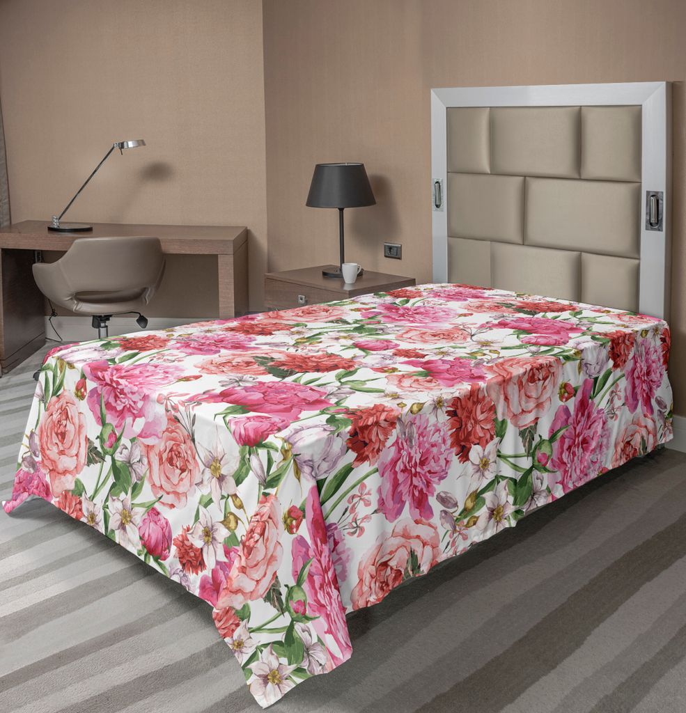 ABAKUHAUS Aquarell-Blumen Bettlaken, Viktorianischer Blumenmuster-Malerei-Art-Druck mit Pfingstrosen und Rosen, weiches bequemes oberes Bettlaken f...