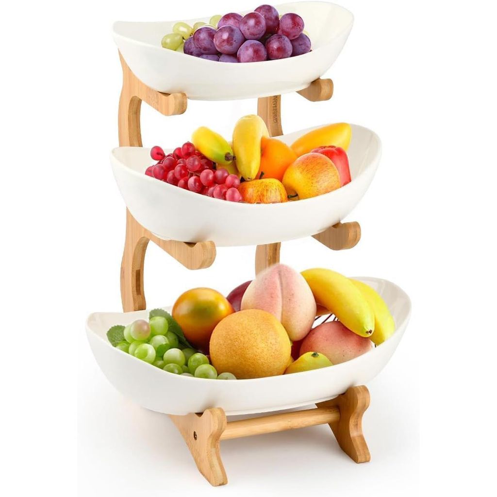 3 Stöckig Obst Etagere Obstkorb Holz Obstschale Modern Obstständer Gemüsekorb, Dessert Etagere für Obst und Snacks, Deko-Etagere aus Bambus