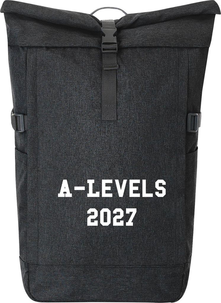 Huuraa Kurierrucksack A-Levels 2027 Abschluss Großbritannien 30-44 Liter Black Melange Fairtrade Rolltop Rucksack Geschenkidee