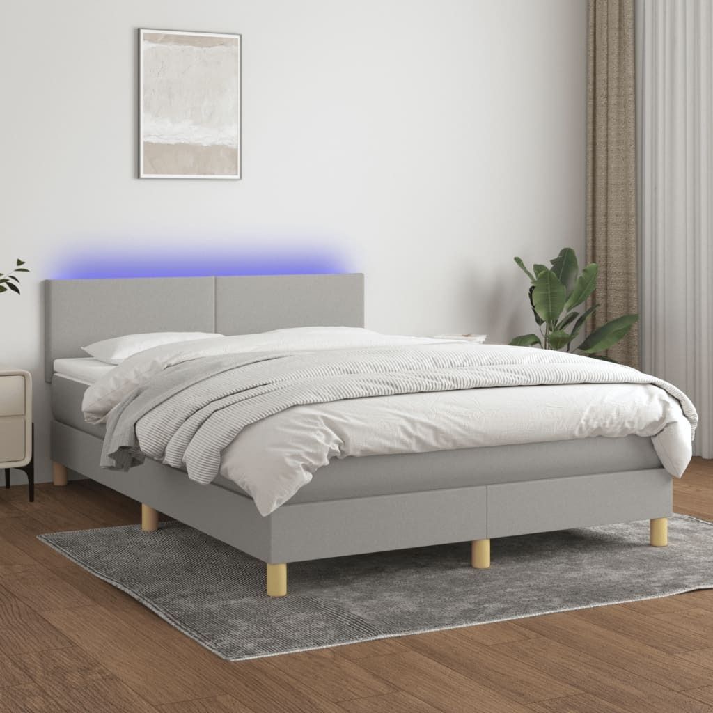 The Living Store Boxspringbett mit Matratze & LED Hellgrau 140x200 cm Stoff
