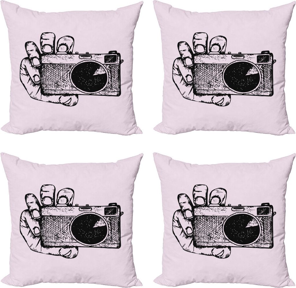 ABAKUHAUS Kamera Kissenbezug Set (4 Stück), Sketch-Art-Kamera-Gekritzel, Moderner Doppelseitiger Digitaldruck, 60 cm x 60 cm, Baby-Rosa-Schwarz