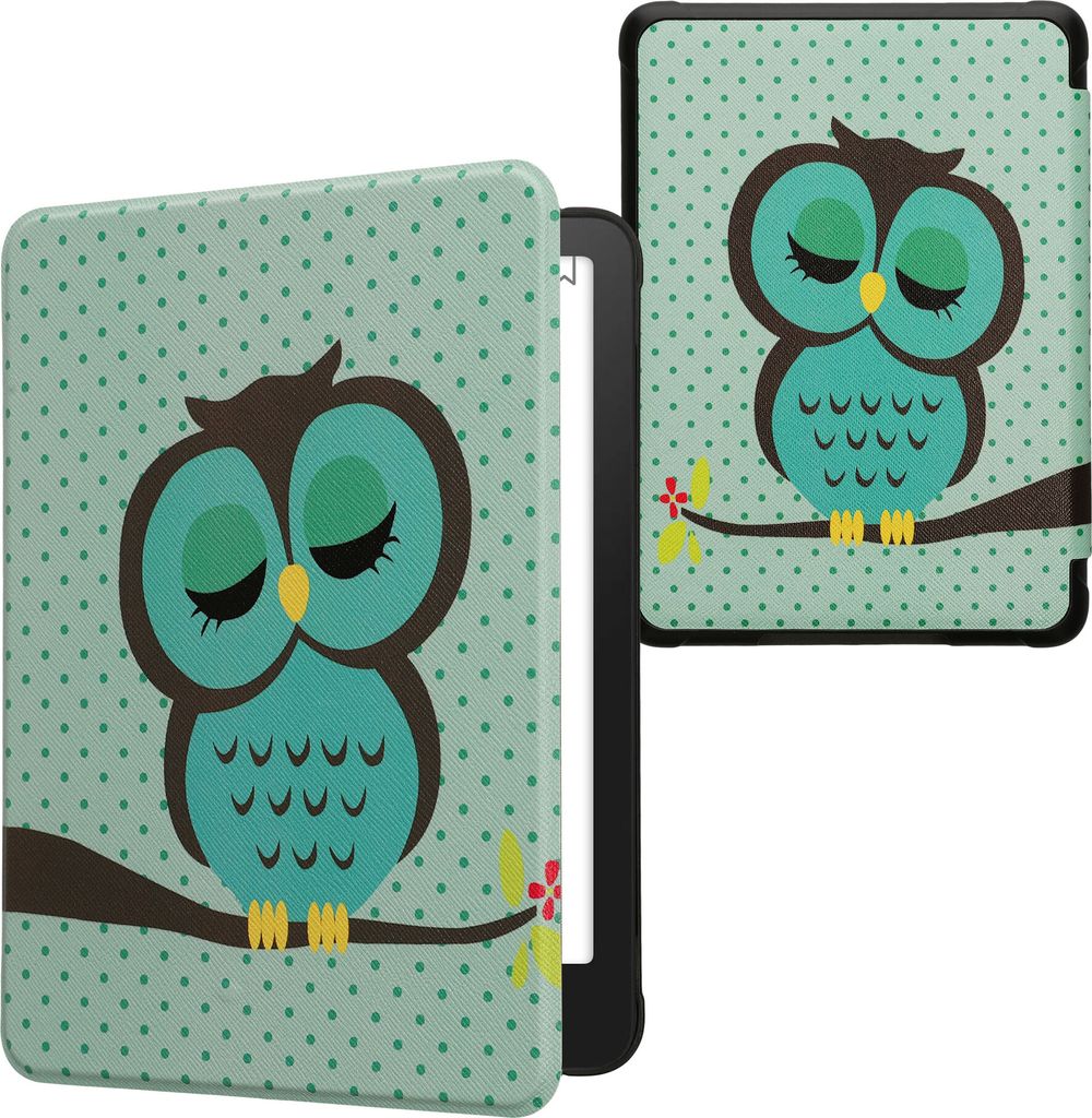 kwmobile Schutzhülle für Amazon Kindle Paperwhite (2024)/Colorsoft Hülle - eReader Flip Case mit Auto Sleep Funktion - Eule Schlaf mit Türkis B...
