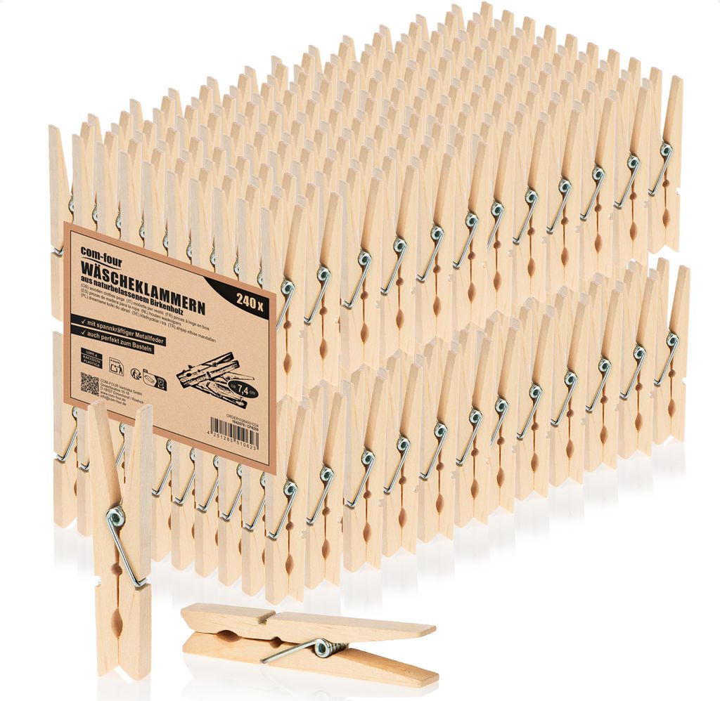 com-four 240x Wäscheklammern aus Holz - Nachhaltige Holzklammern aus Birkenholz - unbehandelte Holzwäscheklammern zum Wäscheaufhängen und Bas...