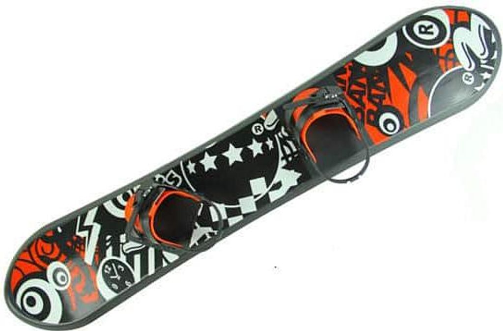 A snowboard with a graphic design on a white background.